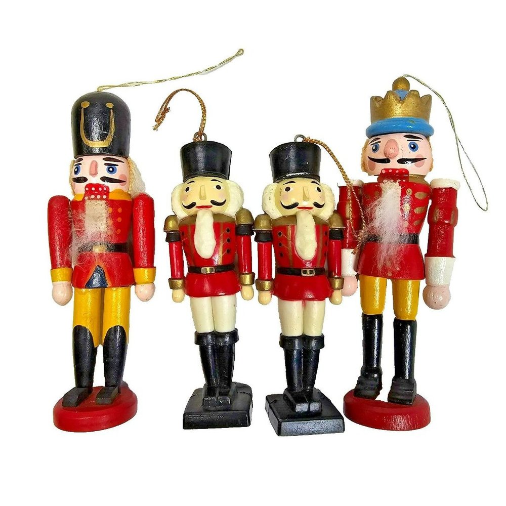 Lot of 4 Wooden 4" Nutcracker Soldier Christmas Tree Ornaments